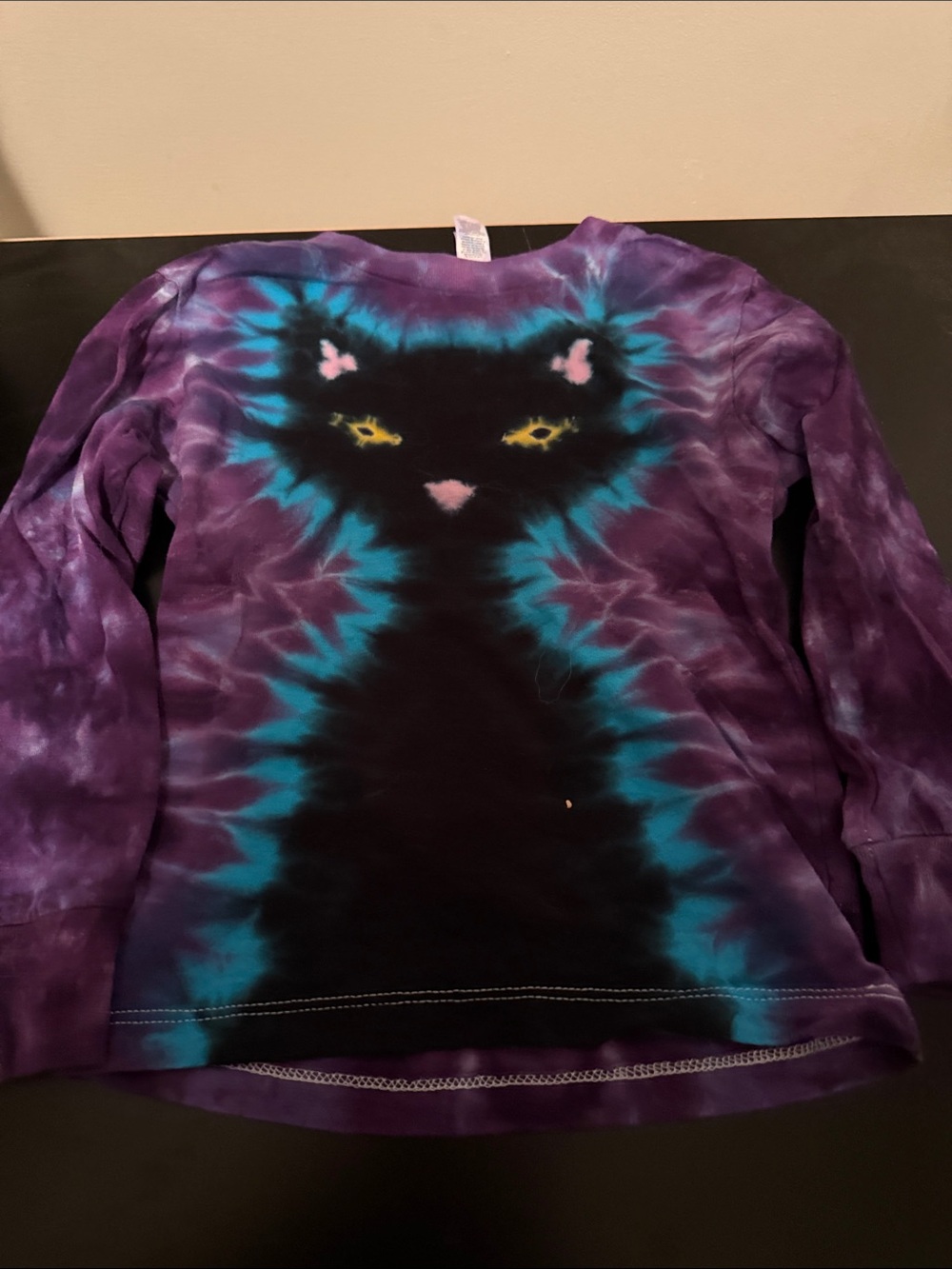 Kids Purple Tie-Dye Long Sleeve Tee with Cat Graphic